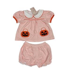 NWT Smockingbird 9M Jack-o-Lantern Pockets Striped Knit Set